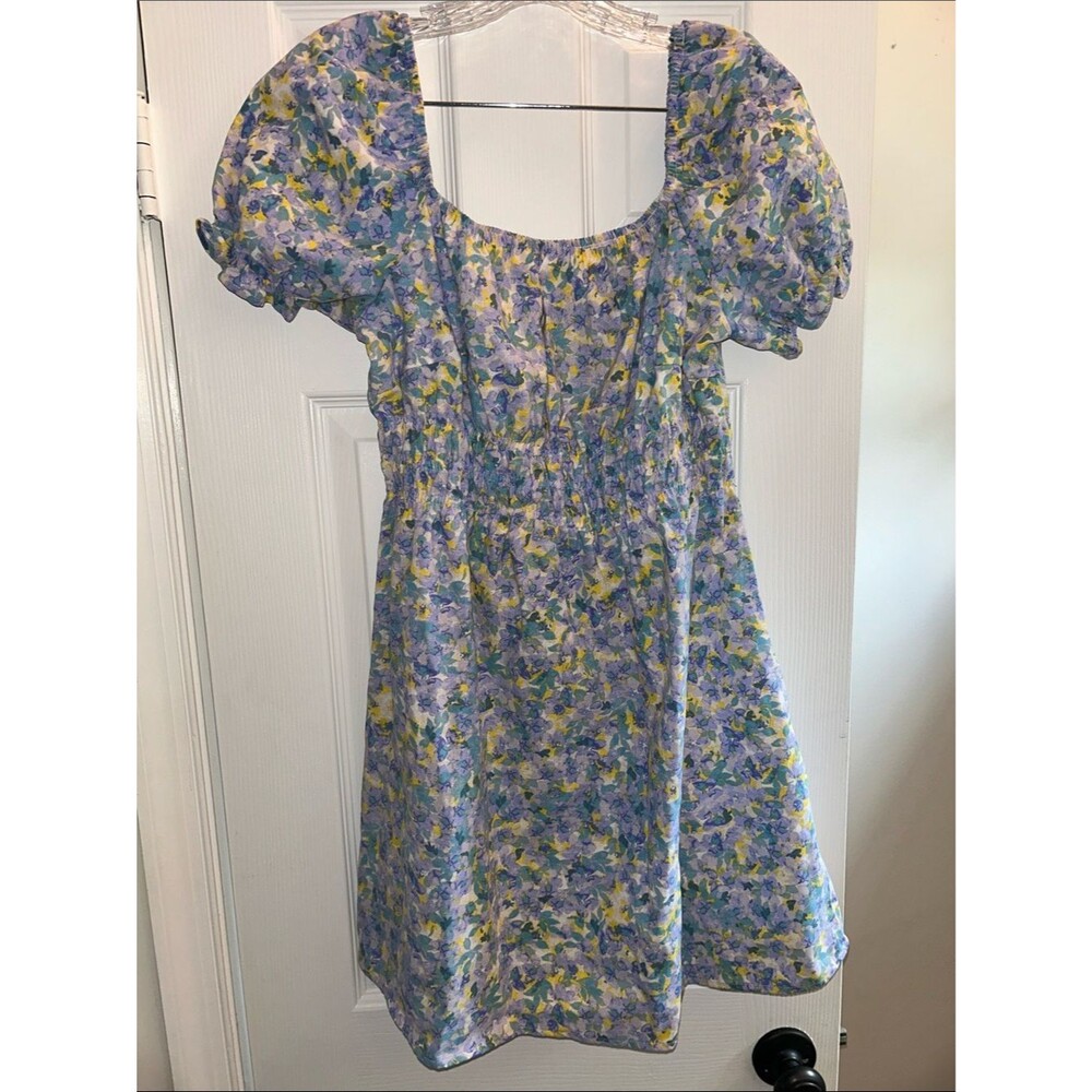 iris Lavender Floral Puff-Sleeve Casual Dress with Yellow & Green Accents